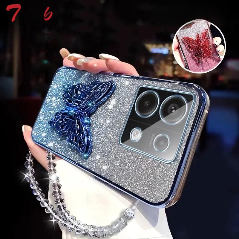 3D Butterfly Phone Holder Crystal Bracelet Glitter Plating Case for Xiaomi Redmi Note 13 12 11 11S 10 10S 9 8 Pro Plus 4G 5G