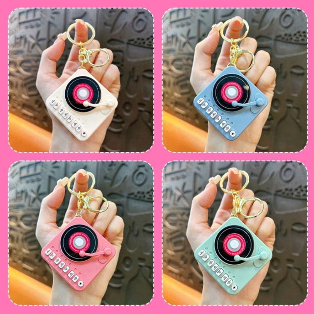 Vintage Music KeyChain with Lights Car Key Rings Cute Record Player Keychain Couple