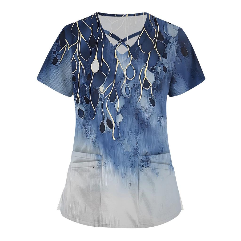 Women's Short Sleeve Stagger V Neck Print Pocket Dry-nurse Top