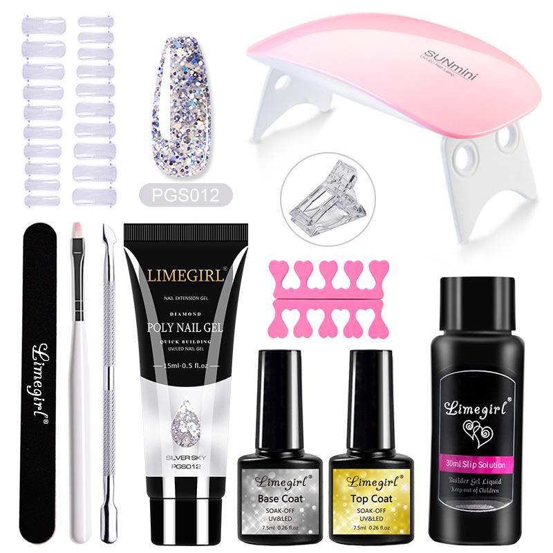 Набор полигелей для ногтей Limegirl Поли УФ-гель Прозрачный/Розовый акрил Быстро наращиваемый наращивание пальцев Набор инструментов для ногтей с отмачиваемым УФ-гелем-лаком