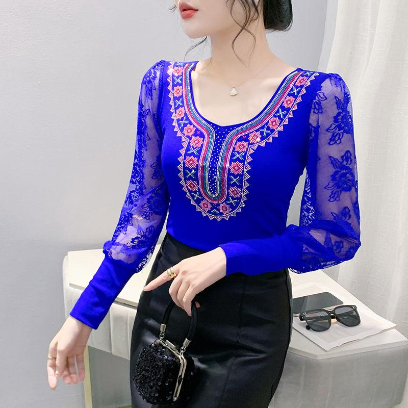 Весна Осень Европейская Одежда Женская Футболка Сексуальное Кружево Длинный Рукав Сетка Топы Шик Винтаж Роскошь Горячие Бриллианты Футболки Рубашки