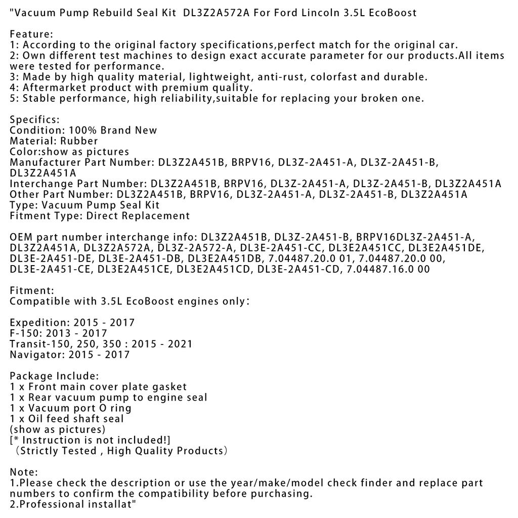 Комплект уплотнений для восстановления вакуумного насоса DL3Z2A572A для Ford Lincoln 3.5L EcoBoost