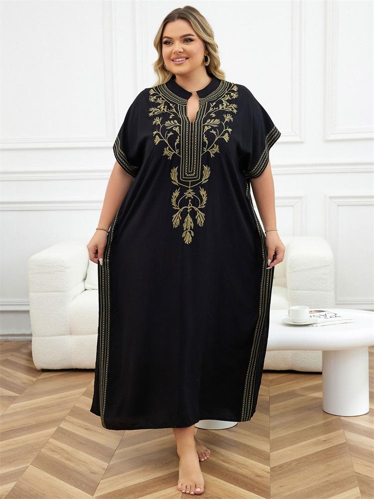 EDOLYNSA Embroidered Red Kaftan Women's Fashionable Robe Boho V-neck Batwing Sleeve Beach Maxi Dress Holiday Cozy House Robe