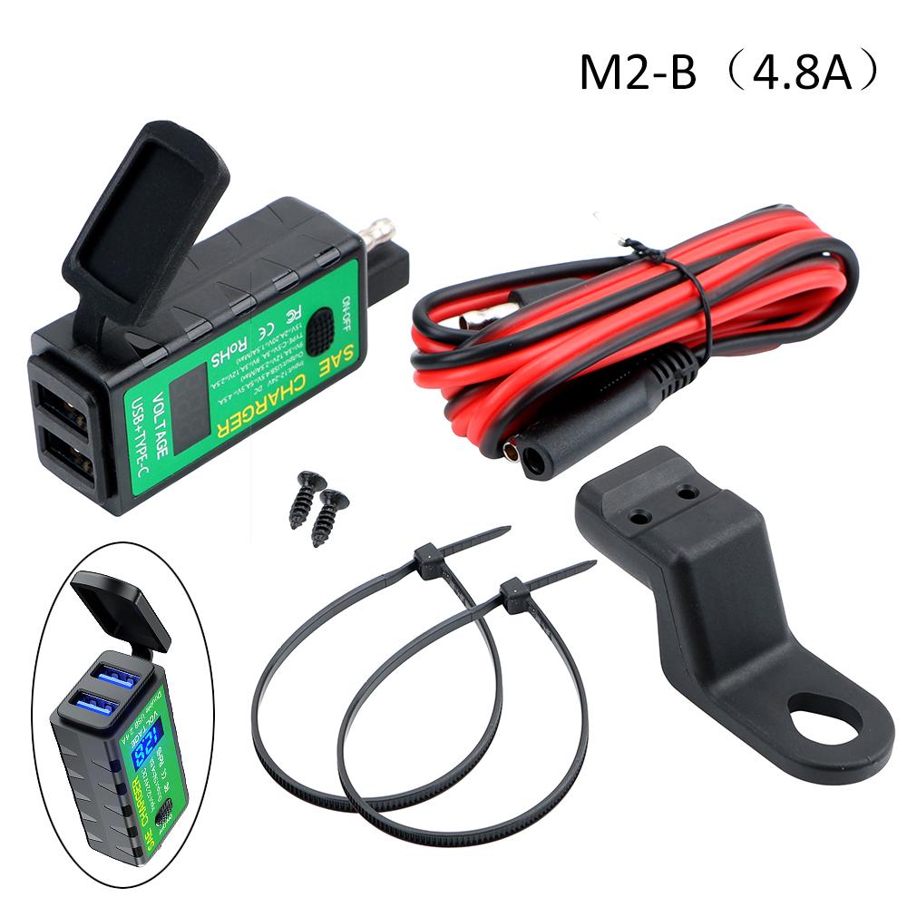 Motorcycle USB Charger for Phone 12V SAE to Dual USB Fast Charging Adapter with Voltmeter On/Off Switch 3.1A/4.8A TYPE-C