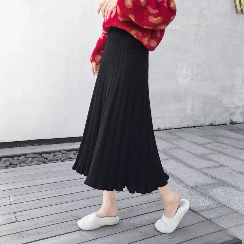 Knit Skirt Women Autumn Winter Midi Slim High Waist A-Line Wool Skirt