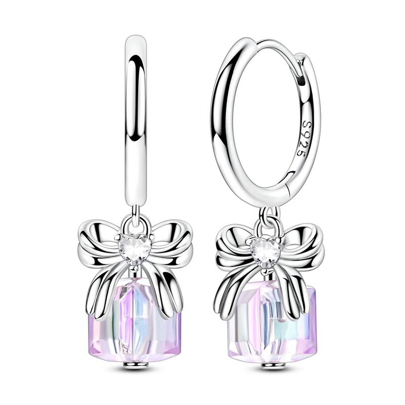 Новые медные серьги-пусеты в виде розовых бантиков с блестками и серьги-кольца с подвесками-паве для девочки, милые романтические украшения в подарок