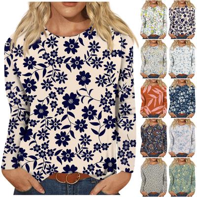 Женский модный повседневный пуловер с круглым вырезом и длинным рукавом с цветочным принтом