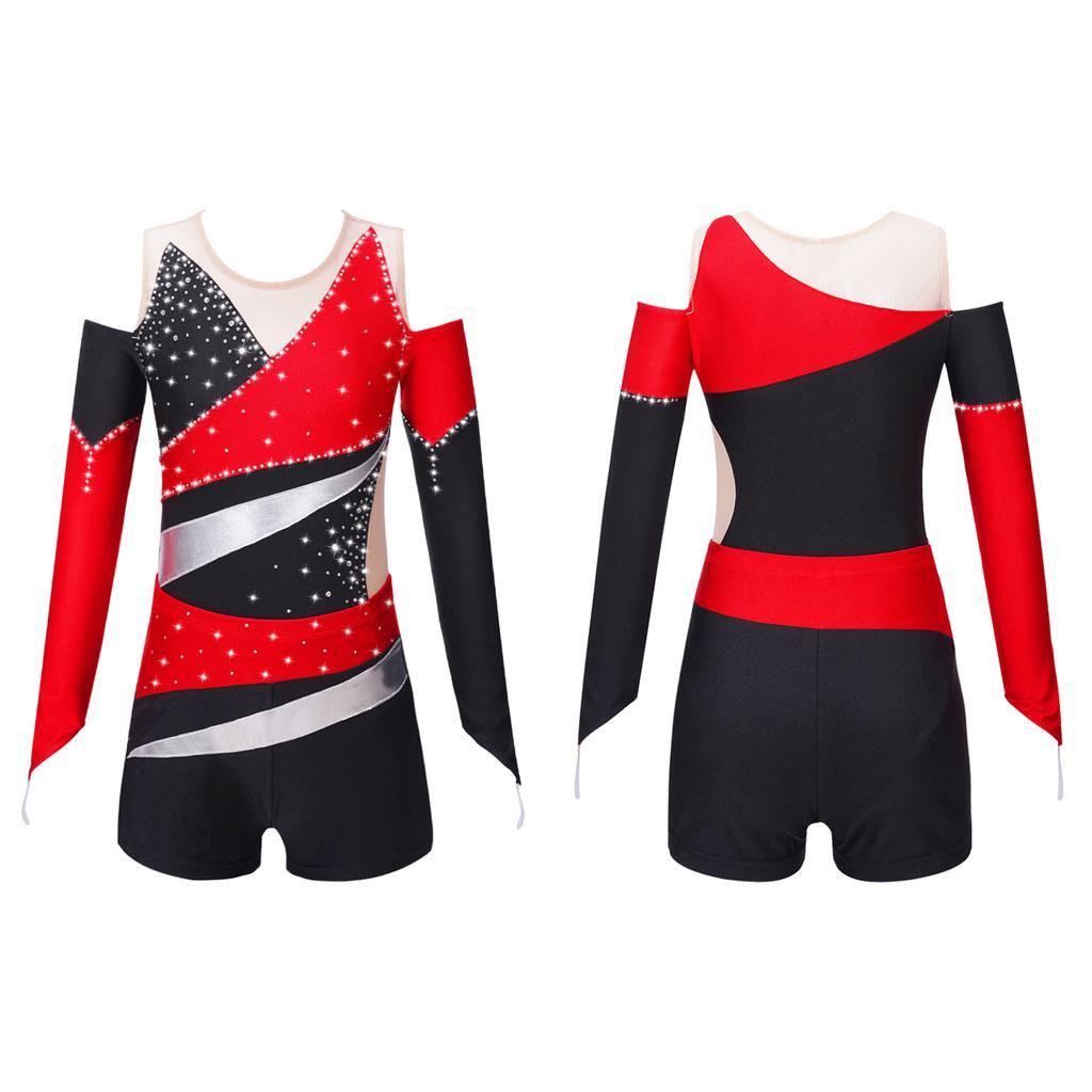 Kids Girls Dancing Bodysuit Long Sleeve Off-shoulder Patchwork Style Leotard Unitard Ballet Jumpsuit with Shorts