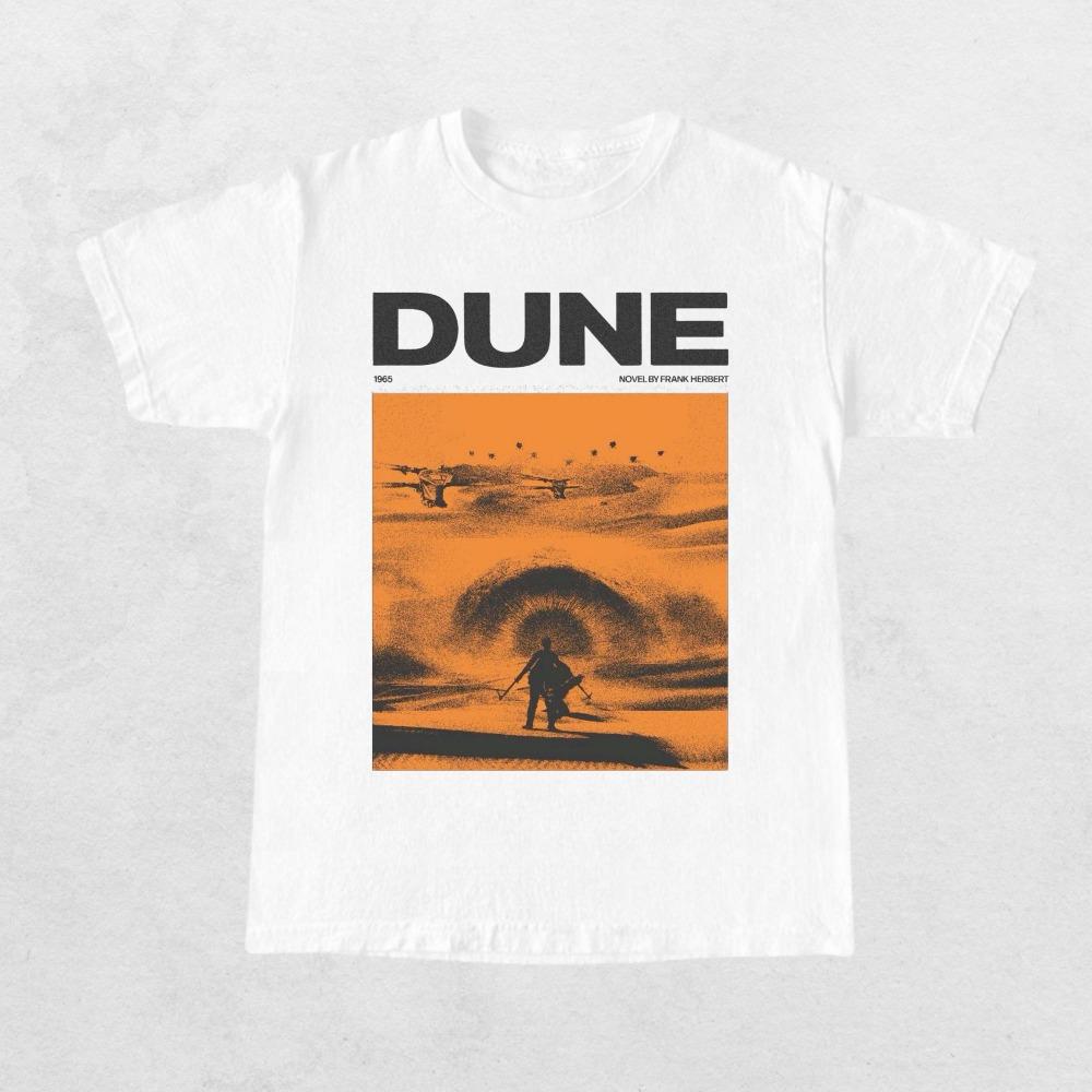 White Orange Desert Sandworm Silhouette Graphic Tee Big Bold Scifi Novel Header Chest Oversized Street Tops