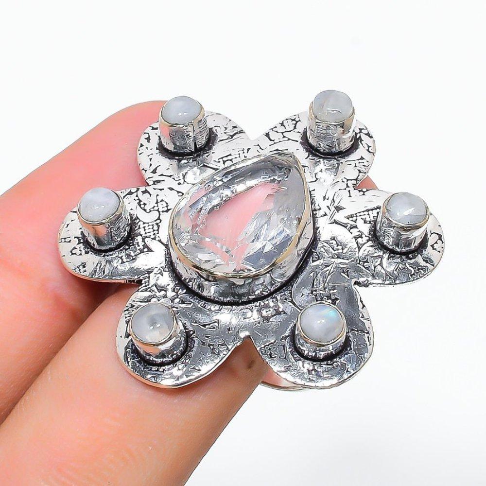 Радужный лунный камень, Топаз Драгоценный камень 925 Стерлинговое серебро Ювелирное кольцо Размер 9 H6q52