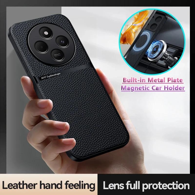 Car Magnetic Phone Case For Redmi 14C 4G Leather Texture Silicone Protection Shockproof Back Cover For Redmi 14R 13C 5G 12C