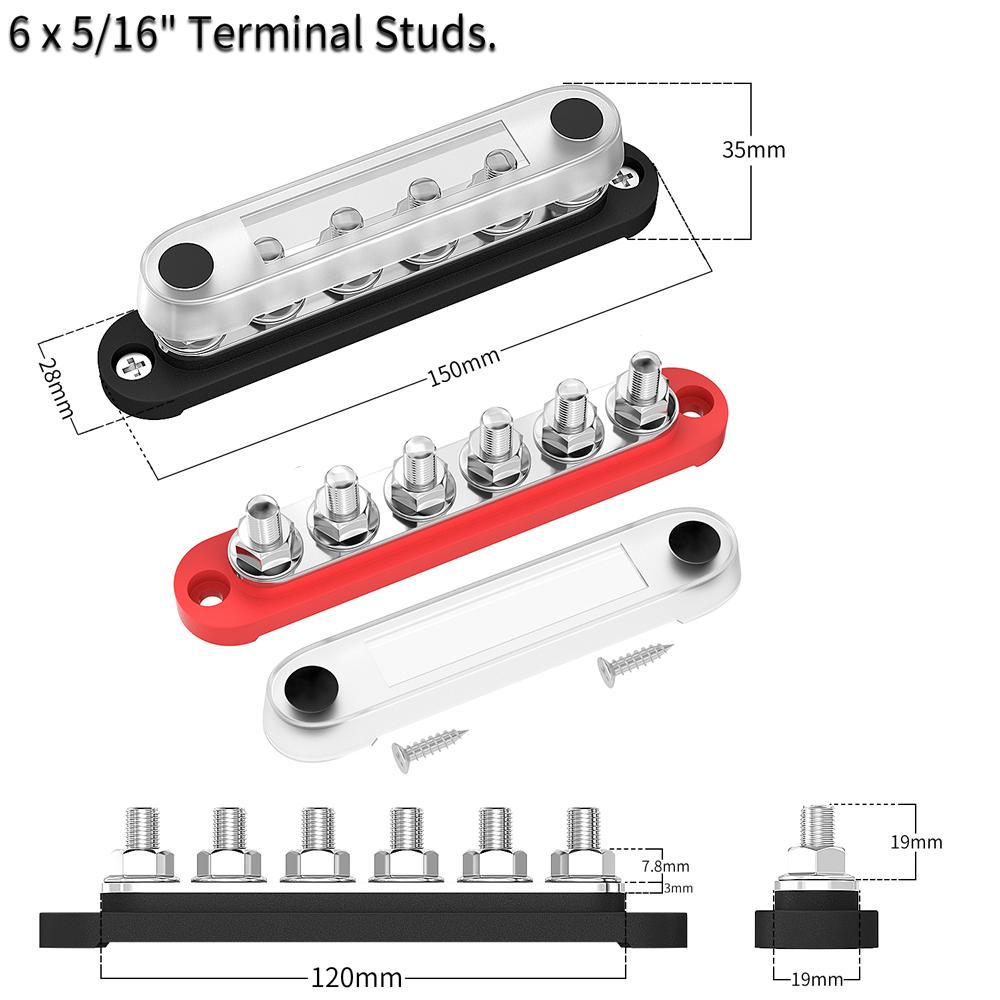 DaierTek Car Terminal Block Negative Bus Bar 12V 150A Terminal Block 12V Power Distribution Block M8 Termianl Bus for Automotive