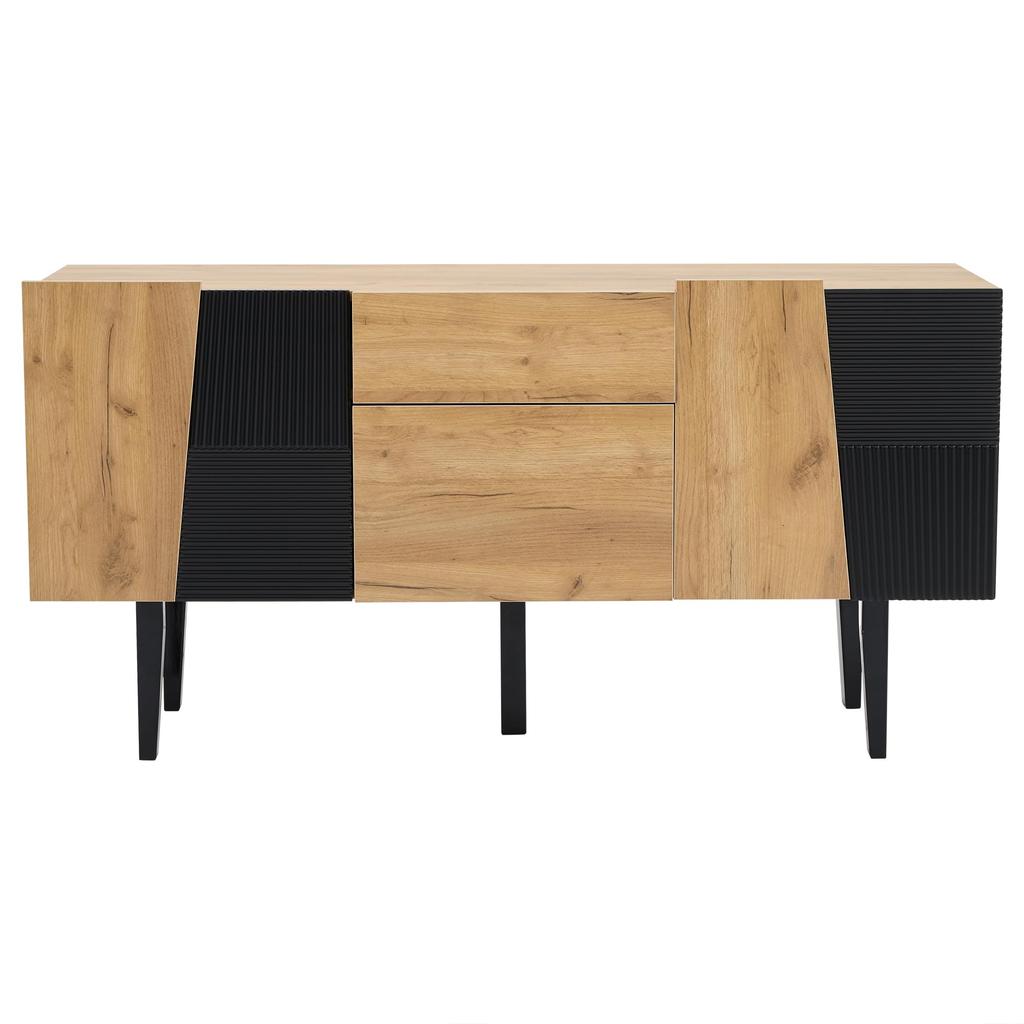 Sideboard 2 Türen, 2 Schubladen, Moderne Kommode TV-Schrank Stauraum, Buffetschrank Anrichte Esszimmer, Wohnzimmer, Schlafzimmer, Eiche & Schwarz