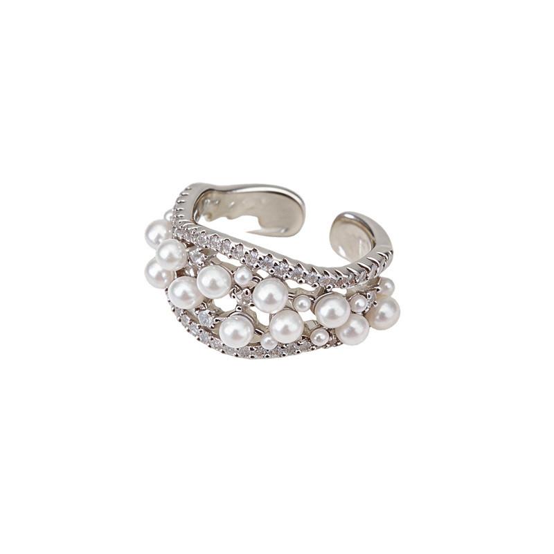 14k Gold Plated Zircon Pearl Open Ring With Modern Geometric Shape For Elegant Women
