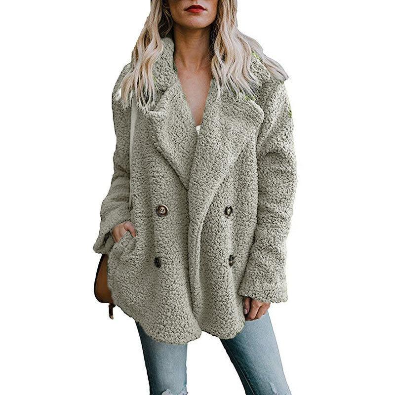 Autumn and Winter Double Breasted Loose Fleece Jacket Women Fashion Long Sleeve Plush Coat Women Vintage Solid Warm Plus Size Jackets for Women 24900