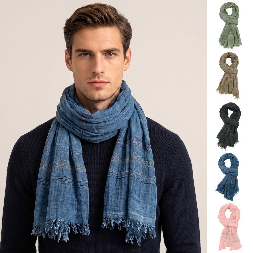 Warm Striped Scarf Breathable Neckerchief Soft Cotton Linen Shawl Unisex