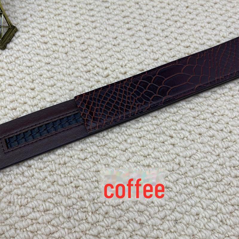 Men's Leather Automatic Buckle Belt with Headless, Buckleless Cowhide Strip and Vegetable-Tanned Card Slot