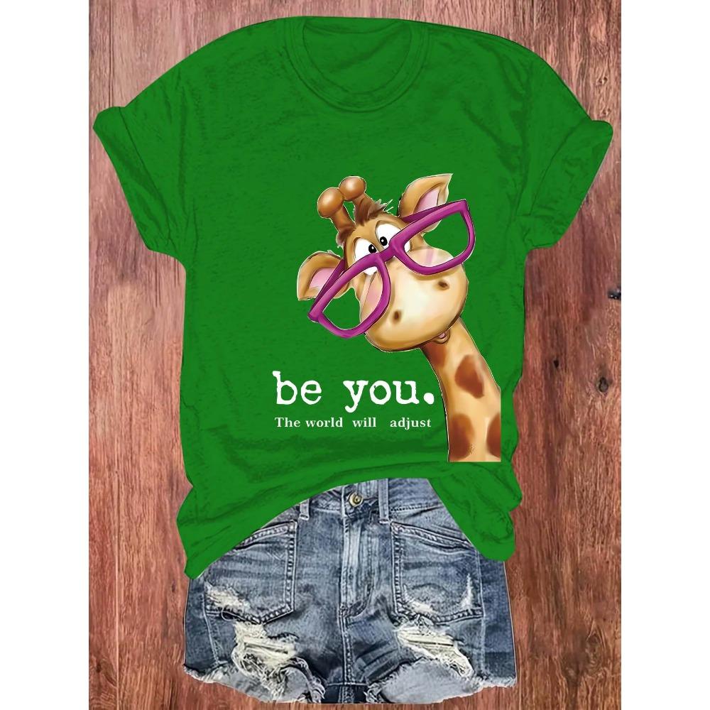 Be You The World Will Adjust Women's Tee - Cute Giraffe With Glasses Graphic, Casual Green Top