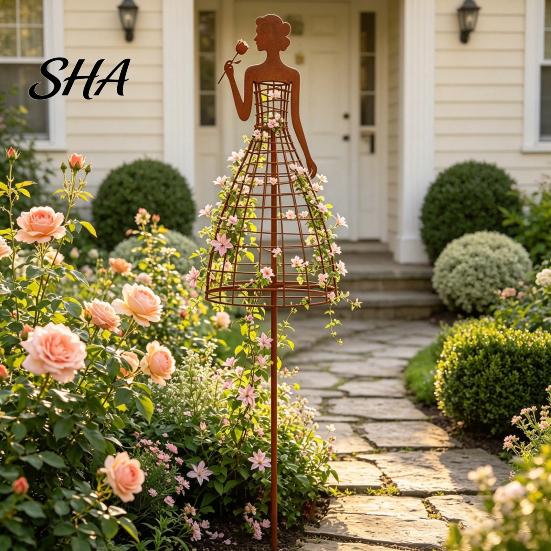 Rustproof Metal Flower Stand Vintage Lady Trellis, Iron Girl Shaped Garden Plant Support Stake, Outdoor Stake Climbing Vine Decorative Yard