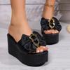 Foreign Trade Large Size Thick Bottom Bow Slippers Women's Fashion Metal Buckle Comfortable Wedge Heel Word with Muffin Bottom Slippers