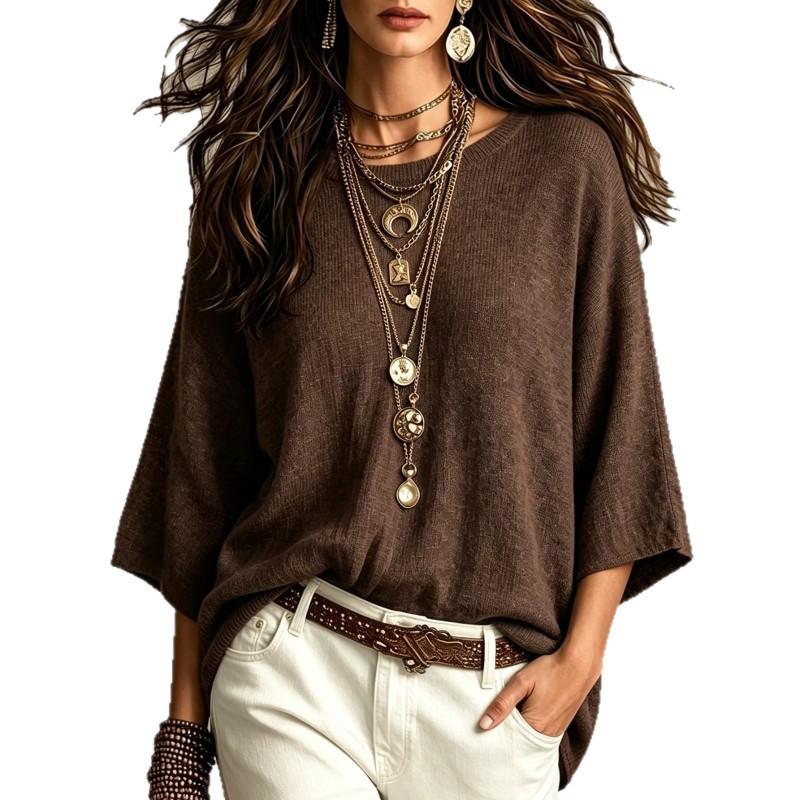2026 Fall Womens Solid Knit Sweater Loose Oversized Sleeve Round Neck Casual Outerwear