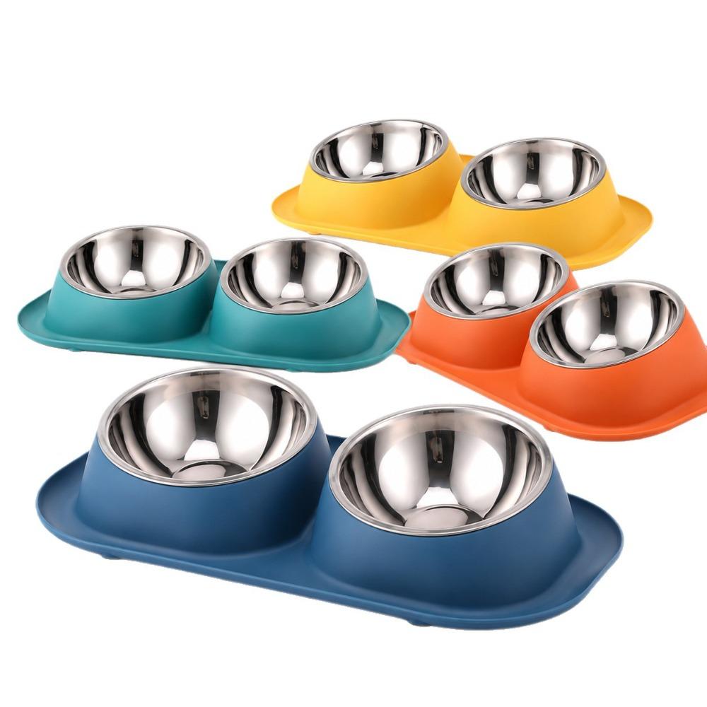 15° Tilted Double Stainless Steel Pet Bowl Anti-Tipping Cat Food Water Feeder Set for Cats and Small Dogs Blue Green Orange Yellow
