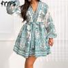 Women's Fashion Spring Fall Flower Pattern Print Long Sleeve V-Neck High Waist Casual Dresses