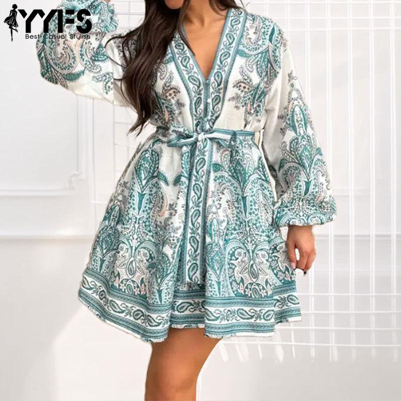 YYFS Women's Fashion Spring Fall Flower Pattern Print Long Sleeve V-Neck High Waist Casual Dresses