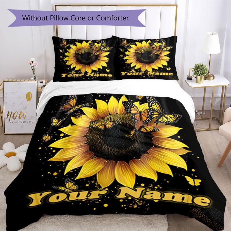 3pcs Custom Name Butterflies Sunflower Bedding Set Printed Bedding Set Duvet Cover Closure Includes 1 Duvet Cover & 2 Pillowcases Bedroom Decor