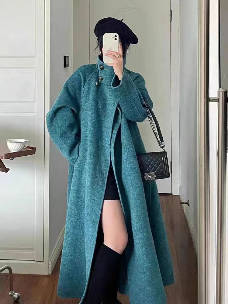 Ретро, Blue Island Bay, шерстяное длинное пальто, синее темпераментное классическое кейп-пальто, зимнее двустороннее твидовое пальто для женщин