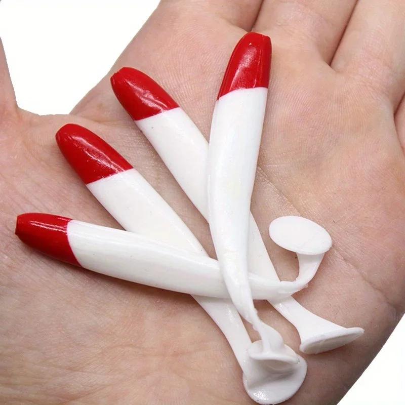 30PCS of T-tail Soft Bait Red Head and White 5.5/6.3/7/9/12cm Road Bait Fishing Supplies