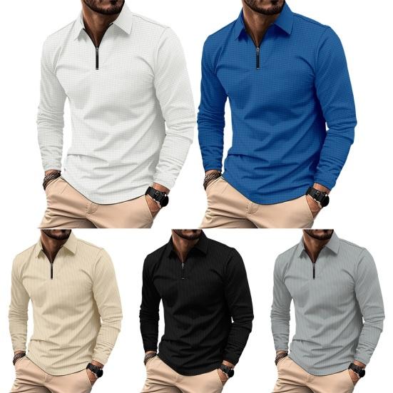 Мужской летний топ на молнии с отложным воротником и длинными рукавами, пуловер, приталенный однотонный, мягкий, дышащий, впитывающий пот, мужская повседневная рубашка