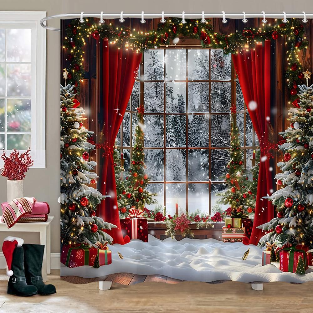 Рождественские украшения Душевая занавеска Зимняя снежная сцена Рождественская елка Рождественские подарки Полиэстер Душевая занавеска Декор для ванной комнаты