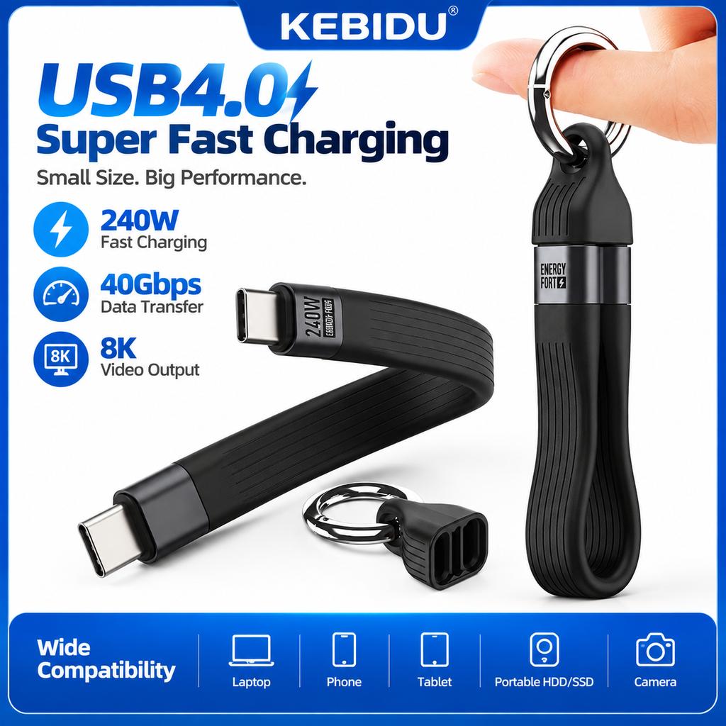 KEBIDU USB4.0 Брелок Кабель USB-C, Быстрая зарядка 240 Вт, Передача данных 40 Гбит/с, Видеовыход 8K@60 Гц, Портативный Короткий Кабель Type C для Ноутбука, Телефона, SSD