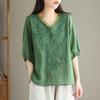 Women's 2023 Summer V-Neck Embroidered Cotton Linen Mid-Sleeve Shirt