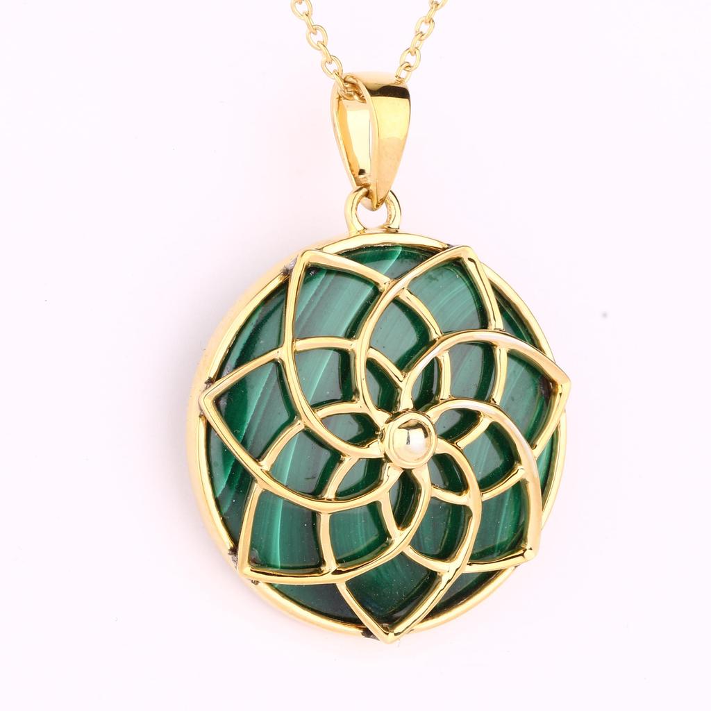 Natural Malachite Round Pendant Necklace 925 Sterling Silver Gold Plated Handmade Fine Jewelry Gift for Her