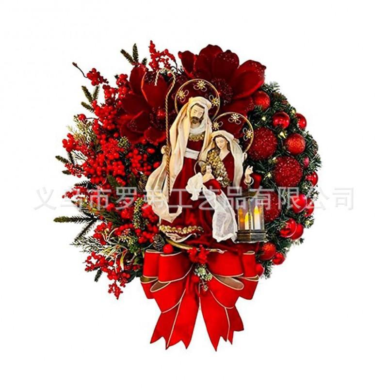 Christmas Decorations Set: LED String Lights Red Poinsettia Flowers Wreath Door Hanging Home Festive Interior