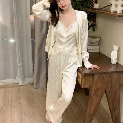 Новая пижама Ice Silk Palace Style для девочек во французском стиле, весенние новые женские брюки с длинными рукавами, домашняя одежда, комплект из 3 предметов
