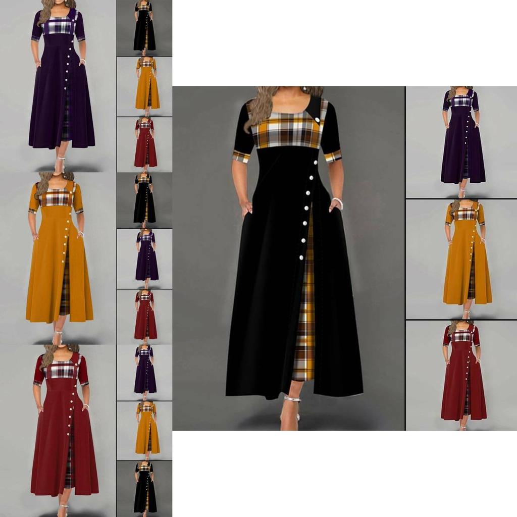 Women Casual Irregular Plaids Button Maxi Dress Half Sleeve Plus Dress Size