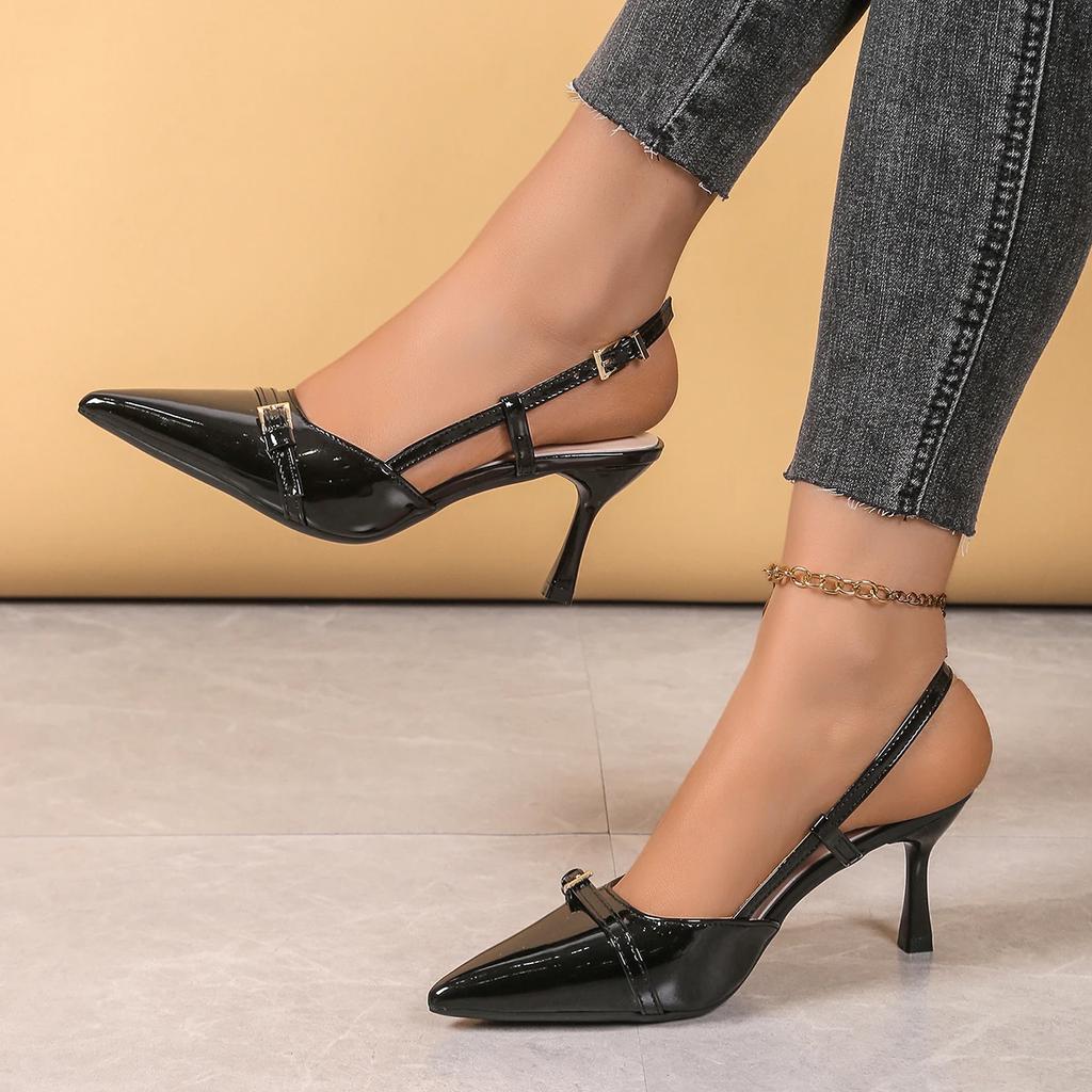 Модные женские босоножки на высоком каблуке Весенне-летние туфли с пряжкой и открытым носком Женские трендовые босоножки с острым носком Большой размер Zapatos De Mujer