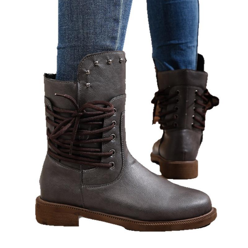 Women's Autumn British Style Vintage Distressed Studded Short Boots - Plus-Size, Lace-Up, Retro