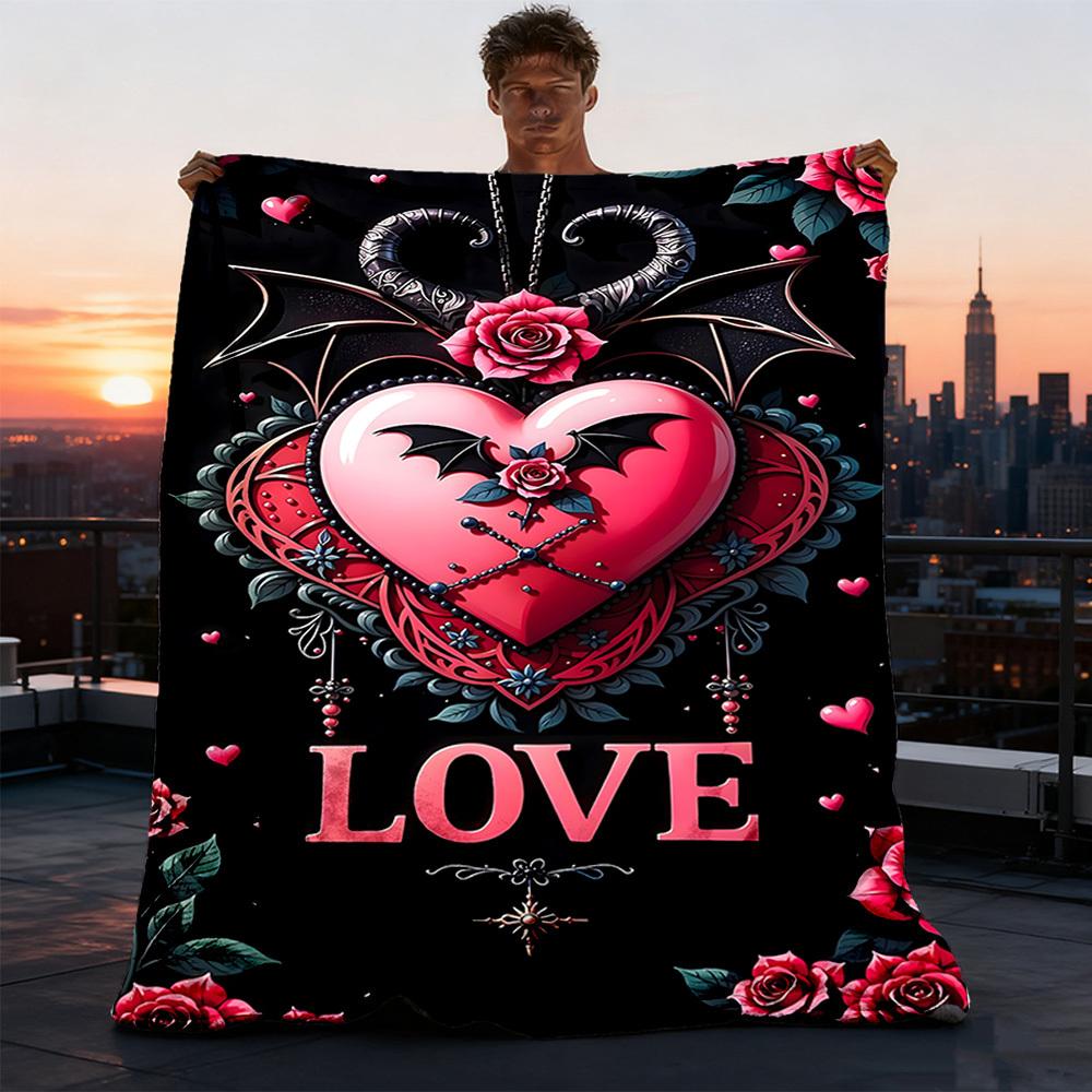 1pc Heartbeat Roses Outdoor Flannel Blanket Soft All Season Polyester Throw , Perfect for Picnics & Travel , Picnic Accessory