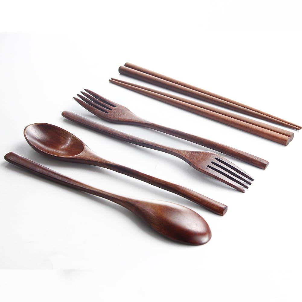 Деревянная ложка, вилка и палочки для еды AOOSY (Набор из 6 предметов, Набор из 2 предметов) - Набор посуды из натурального дерева, вырезанный из цельного куска дерева, без клея, с натуральным