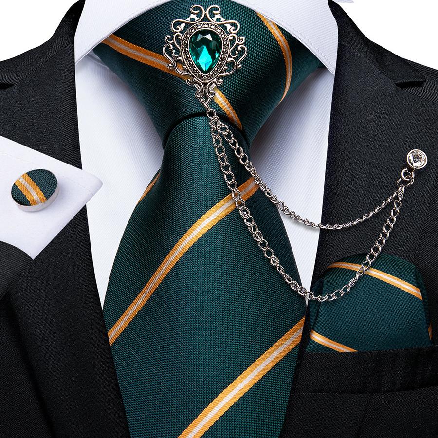 Dibangu Новинка, галстуки для мужчин, зеленый галстук с брошью, шелковый галстук, носовой платок, запонки, винтажные