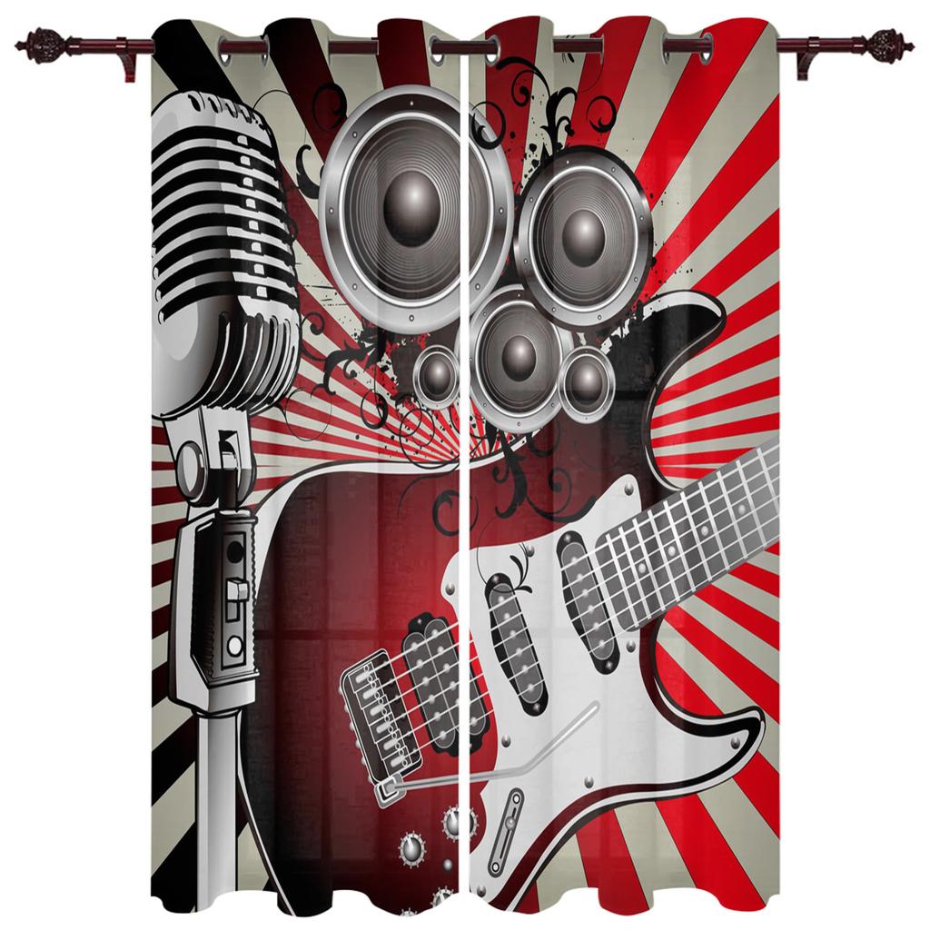Музыкальная сцена, динамик, гитара, окна, шторы для гостиной, спальни, оконные шторы, бытовые кухонные шторы