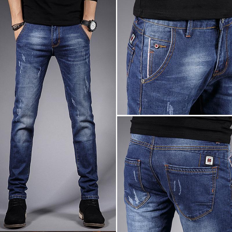 Летние мужские джинсы Весенние и осенние брюки Мужские черные трендовые повседневные эластичные модели для отдыха Tide Брюки с маленькими штанинами Брюки