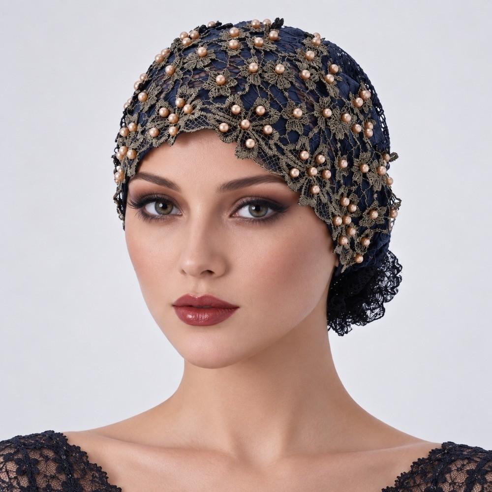 Beaded Glittery Finish Head Wrap Lace Embroidered African Headwrap Turban Cap Daily Wear