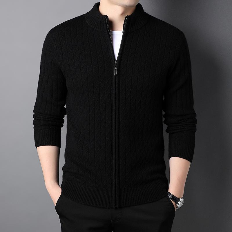 Кардиган из 100% чистой шерсти, мужской топ с полуворотником, для среднего возраста, весенне-осенняя вязаная куртка из полной шерсти, ощущение высокого класса