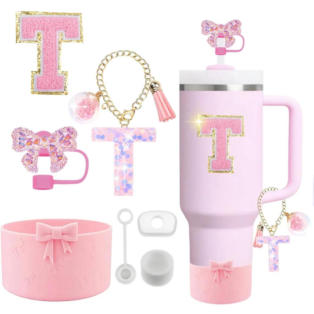 7PCS Pink Accessories for Stanley Cup 30/40 Oz Tumbler with Handle Bow Straw Topper Cover Cap Boot Initials Charm Letter Sticker