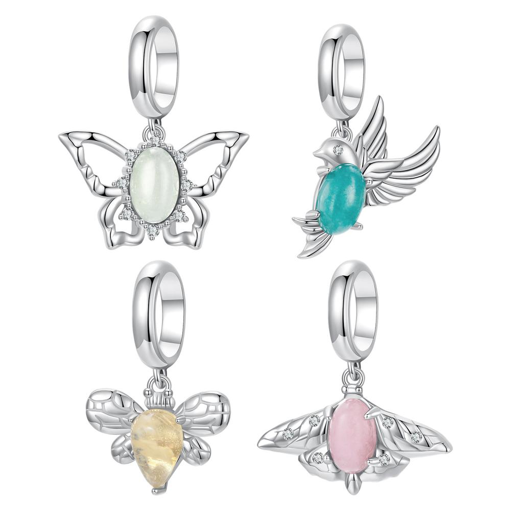 Natural Jade Moth Pendant, Children'S Fun Creative Diy Bracelet Accessories Insect 925 Sterling Silver Beads